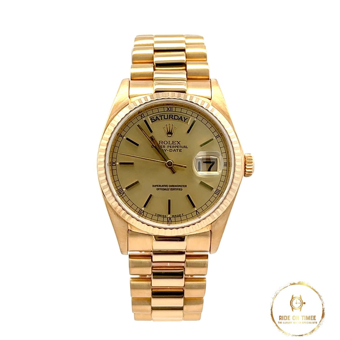 Rolex Day-Date 36 Champagne Baton Dial ‘18038’ - Ride On Timee