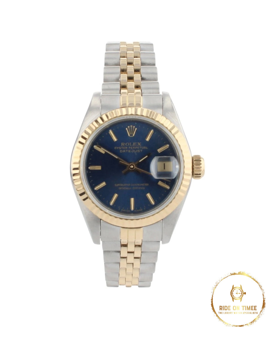 Ladies Rolex Datejust 26 Factory Navy Blue Baton Dial ‘69173’ - Ride On Timee