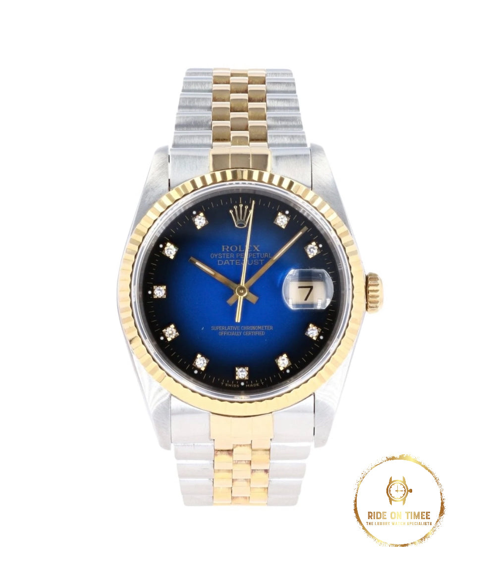 Rolex Datejust 36 Factory Blue Vignette Diamond Dial ‘16233’ - Ride On Timee